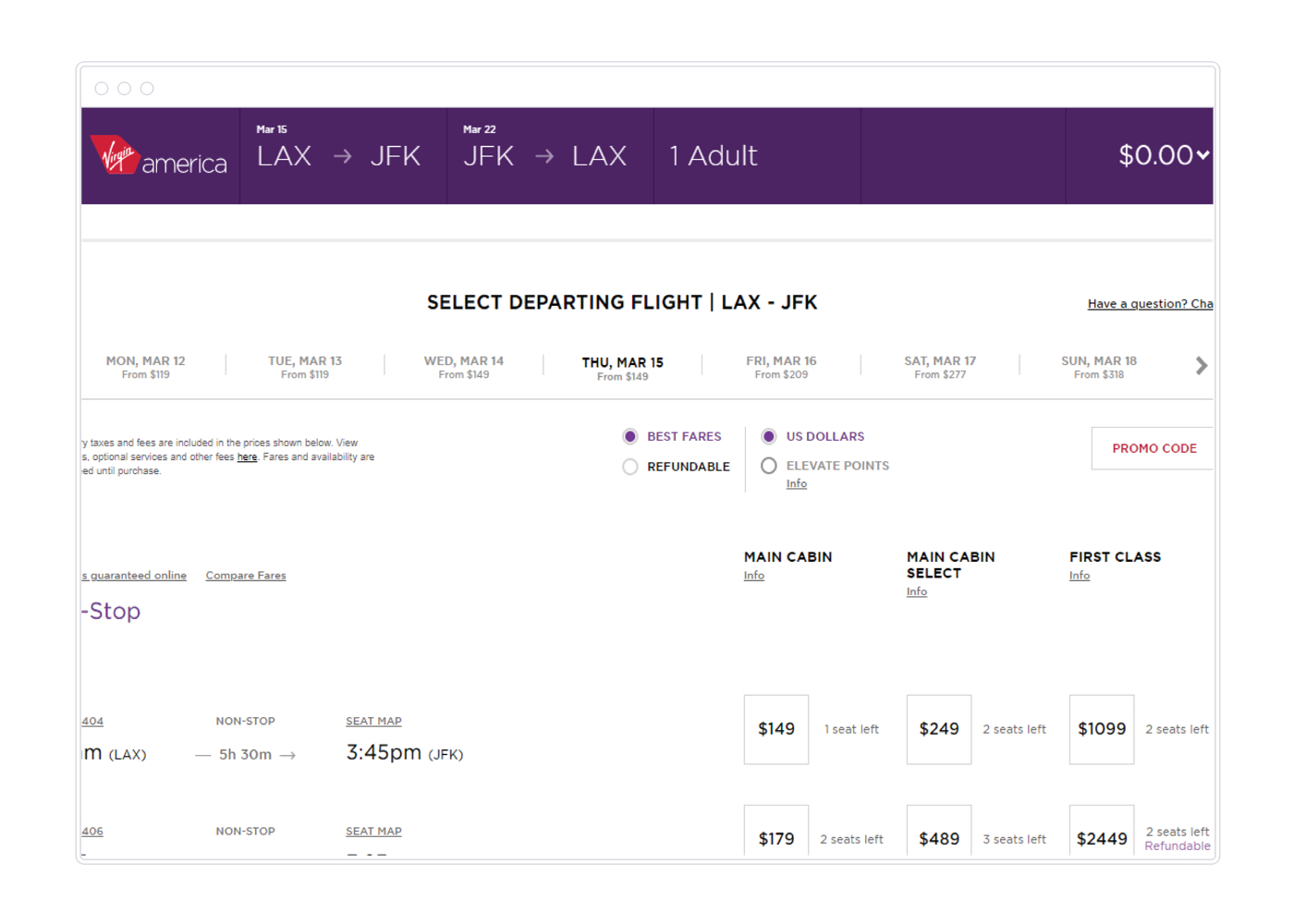 Example Virgin America flight options.