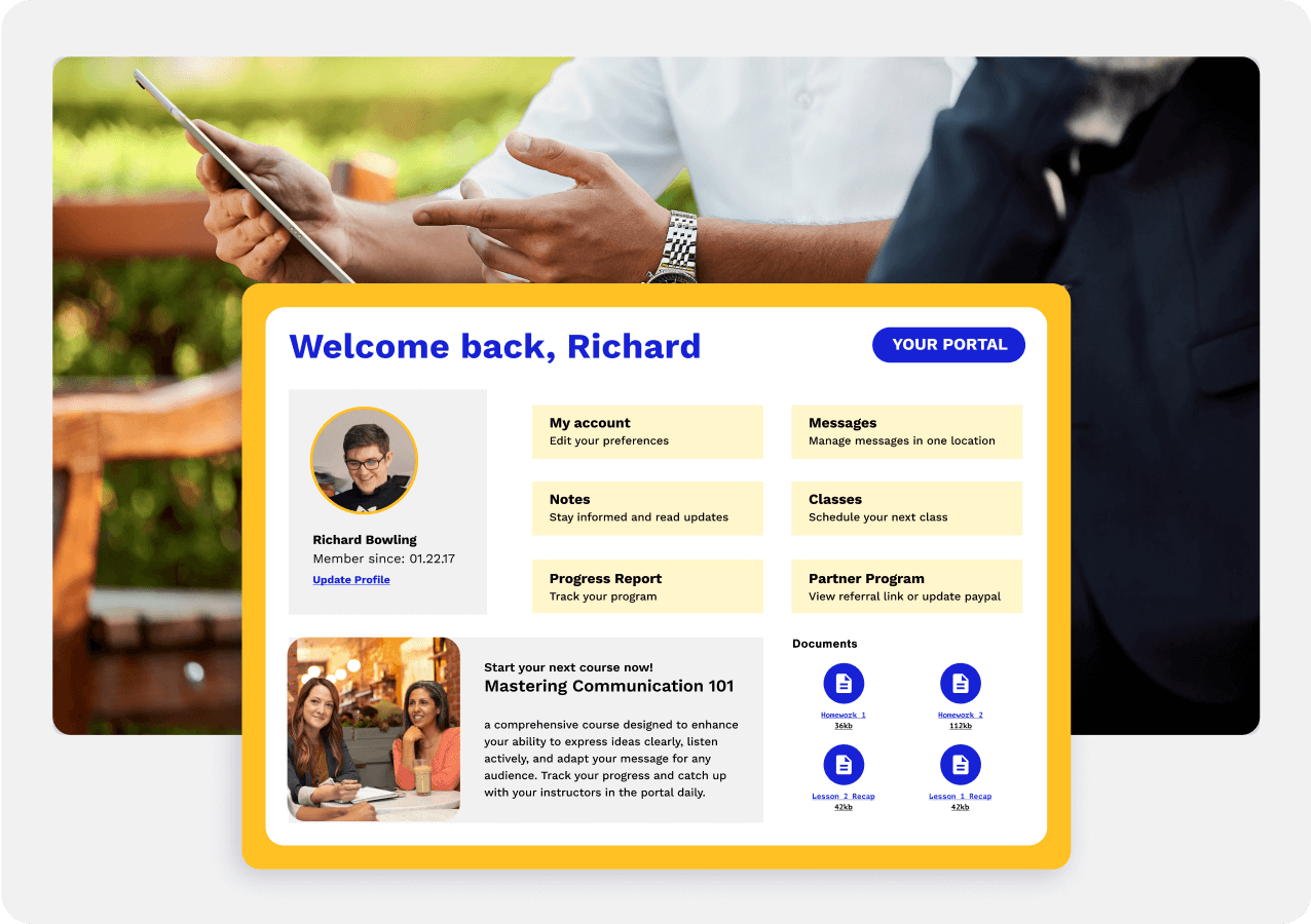 An image of Task inside of the Ontraport app overlayed on top of 2 people sitting down looking at a tablet.