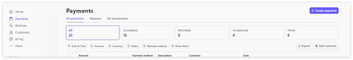 payments dashboard view