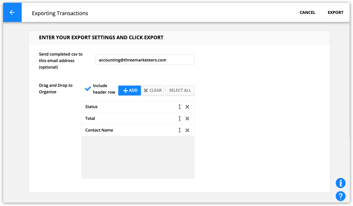 Exporting transactions screen